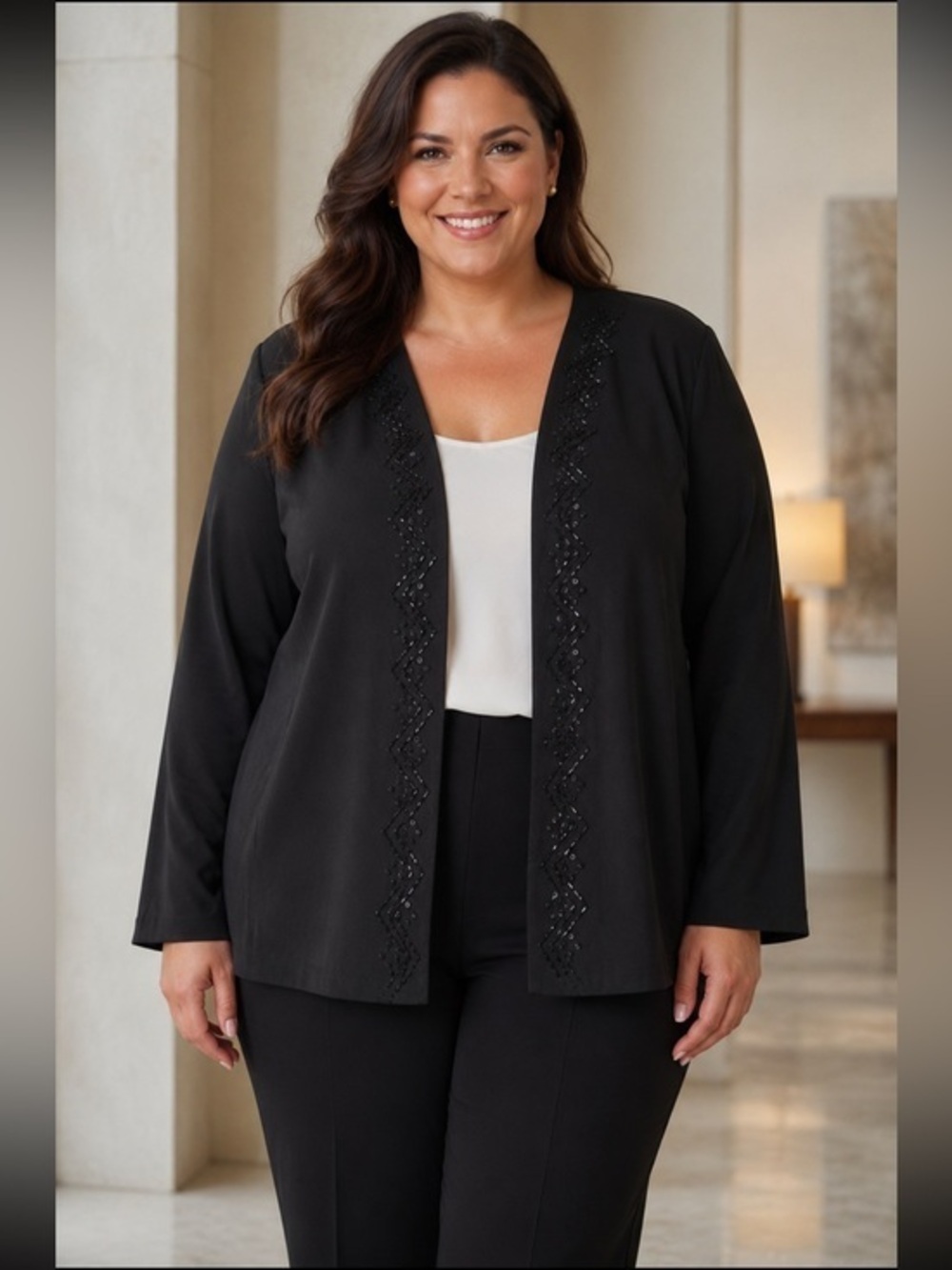 Montée Collection Black Beaded Open-Front Blazer Jacket Plus Size 20W
